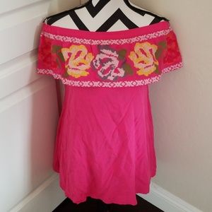 Fuschia Floral Embroidered Off the Shoulder Dress